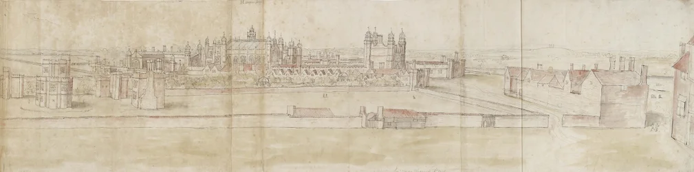 Hampton Court Palace från norr (penna och brunt bläck och akvarell över svaga markeringar i svart krita)