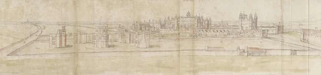 Hampton Court Palace från norr (penna och brunt bläck och akvarell över svaga markeringar i svart krita)
