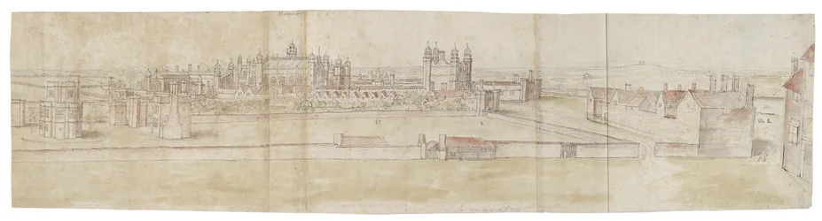 Hampton Court Palace från norr (penna och brunt bläck och akvarell över svaga markeringar i svart krita)