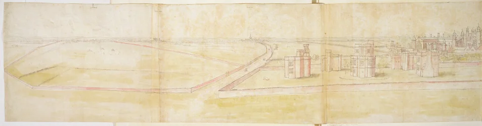 Hampton Court Palace från norr, ca 1544 (penna, bläck och wc på papper)