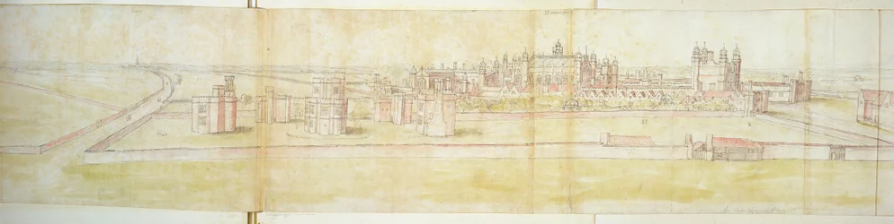 Hampton Court Palace från norr, ca 1544 (penna, bläck och wc på papper)