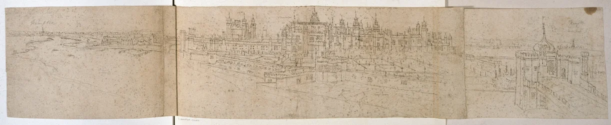 Hampton Court Palace från floden, ca 1544 (penna och bläck på papper)