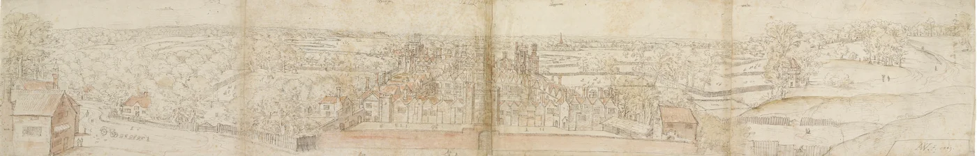 Oatlands Palace från söder, 1559. Verso: Richmond Palace and Roofs of Oatlands, 1559