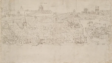 Panorama över London sett från Southwark: Billingsgate till Tower Wharf, 1554