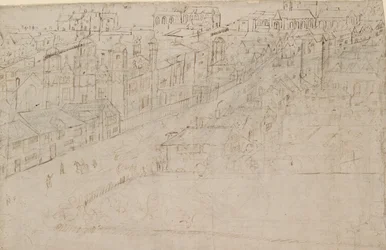 Panorama över London sett från Southwark: Borough High Street med St Mary Overy, 1554