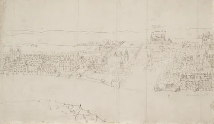 Panorama över London sett från Southwark: Durham House till Barnards Castle (penna och bläck över svart krita på papper)