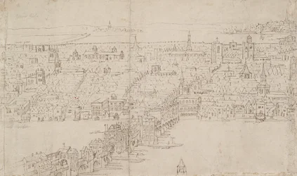 Panorama över London sett från Southwark: London Bridge, 1554