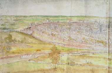 Panoramautsikt över Bryssel, 1500-talet (penna och bläck och wc på papper)