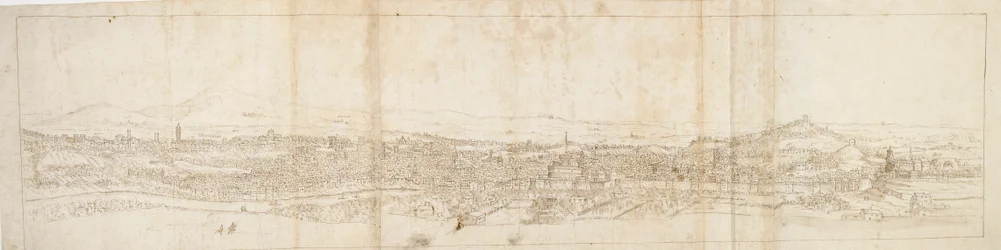 Panoramautsikt över Rom från Monte Mario, Castel S. Angelo i förgrunden, c1550-talet