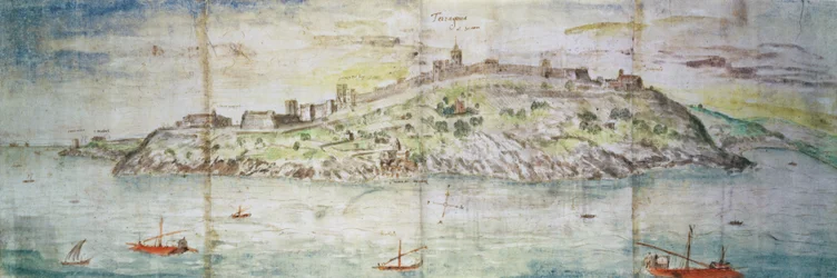 Panoramautsikt över Tarragona, Spanien (penna och bläck och wc på papper)
