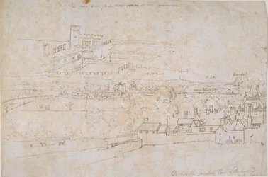 Ark med studier av Palaces of Hampton Court, Richmond och den omgivande landsbygden, c1560-talet.