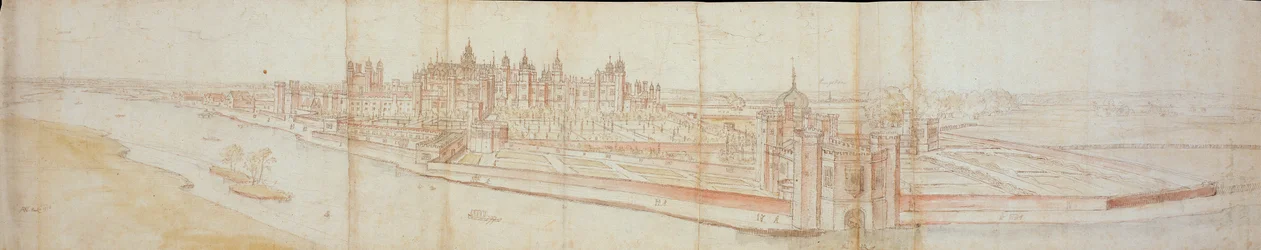 Utsikt över Hampton Court Palace från söder, med floden i förgrunden, 1558