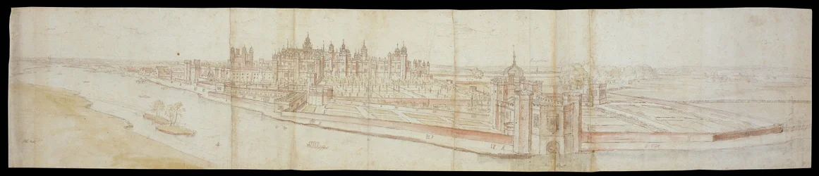 Utsikt över Hampton Court Palace från söder, med floden i förgrunden, 1558 (penna och brunt bläck och akvareller över svart krita)