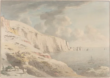 Utsikt över nålarna och vita klipporna från Alum Bay, Isle of Wight