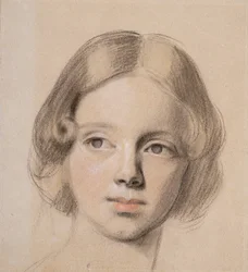 Head of Emma Sandys (färgad krita på buff papper)