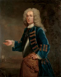 Porträtt av Henry Boyle, kapten av hästar, i ett landskap, med en strid bortom, 1730