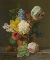 Stilleben med blommor och nötter. Omkring 1830