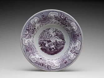 Serveringsskål, ca. 1853-1856 (blyglaserat lergods med transfertryck)