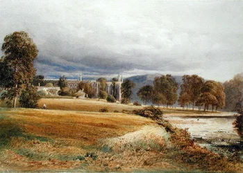 Bolton Abbey från River Wharfe, South View, ca 1825 (akvarell på papper)