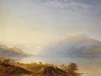 Boskap vid en sjö med berg bortom (akvarell)