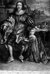 Karl I (1600-49) med en son (gravyr)