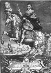 Ryttarporträtt av George Villiers (1592-1628) 1:a hertig av Buckingham, graverat av Willem de Passe (1598-1637) 1625 (gravyr)