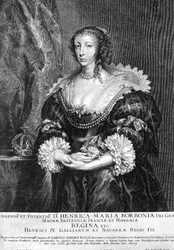 Porträtt av Henrietta Maria (1609-69) drottning av England, graverad av Pieter de Jode (1606-c.1674) 1632 (gravyr)