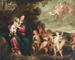 Madonnan och barnet i ett landskap som hälsas av Döparens barn och änglar (olja på duk)