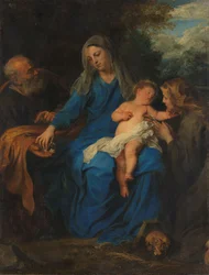 Den heliga familjen med ett kvinnligt helgon i tillbedjan, ca 1630-1650 (olja på duk)