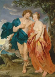 Dubbelporträtt av George Villiers, markis och senare 1:e hertig av Buckingham (1592-1628) och hans hustru Katherine Manners (1603-1649), som Venus och Adonis (olja på duk)