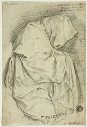 Draperad med huvförsedd figur (recto); Två skisser av svanar i vatten (verso)
