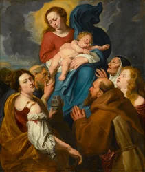 Madonna och barn med fem heliga, cirka 1627-1630 (olja på vaggad ekpanel)