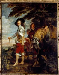 Porträtt av Karl I Stuart (1600-1649), kung av England, på jakt. Målning av Anton van Dyck (1599-1641), flamländska skolan