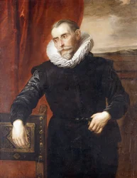 Porträtt av Frans Snyders, halvfigur, i svart dräkt, lutad mot en stol, med ett landskap i bakgrunden