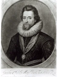 Porträtt av James I (1566-1625) efter en miniatyr av Nicholas Hilliard (1547-1619) från 1617, graverad av George Vertue (1684-1756)