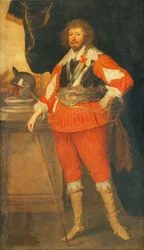Porträtt av en adelsman, som sägs vara Henry Rich, 1:e jarl av Holland, i full längd, iklädd bröstskydd, skärp och svärd, hans hand vilande på en pinne, en hjälm på en sockel, står framför en draperad pelargång,