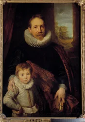 Porträtt av en far och hans son eller "Porträtt av Guillaume Richardot med sin son" Fadern bär en jordgubbskrage. Målning av Anton (Antoon eller Anthony) van Dyck (1599-1641) 1600-talets sön. 1,15x0,83 m - Porträtt av en far och hans son eller "" Guill