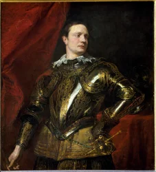 Porträtt av ung general (eller condottiere) med gyllene rustningar (olja på duk, ca 1624)