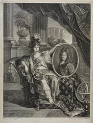 Ludvig XIV, kung av Frankrike, vetenskapens beskyddare - gravyr av Antoine Coypel Kungliga vetenskapsakademiens historia, år 1703