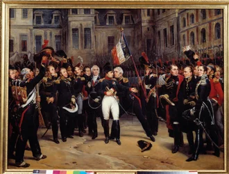 Abdikation av 1814 - "" Napoleon Bonapartes (1769-1821) farväl till den kejserliga vakten på gården av Cheval Blanc i Fontainebleau den 20/04/1814"" Målning av Antoine Montfort (1802-1884) 1800-talet sön. 0,98x1,3 m