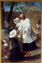 Saint Vincent de Paul (1581 - 1660) som tar hand om bekämpningsmedel (St Vincent de Paul hjälper pesten). Målning av Antoine Ansiaux (1764-1840). Nantes, Museum of Fine Arts