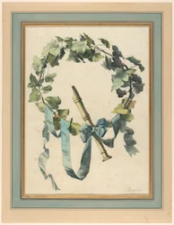 Teckning, Trofé med flöjt, murgröna och blått band, 1780-90