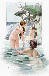 Odyssee av Homere: "Nausicaa, dotter till kung Alcinous, och hennes tjänarinnor som tvättar sina kläder i floden" Illustration av Antoine Calbet (1860-1944) för "The odyssee" av den grekiska poeten Homere (Odyssey av Homer) 1897 Privat samling