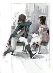 Porträtt av Napoleon Bonaparte (1769-1821) med sin fästmö Desiree Clary (1777-1860) ca. April 1795 (Porträtt av Desiree Clary vid tiden för hennes förlovning med Napoleon Bonaparte, april 1795) Teckning av Antoine Calbet hämtar från "Napoleon et les femmes