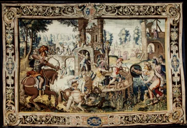 Övning i anfallet och försvaret av en bastion, designad 1562–1565 (vävd 1611–1627) (ull och siden)