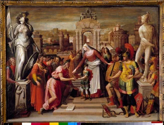Historia om drottning Artemise Iere av Halicarnasse: "" Överlämnandet av boken och epien"" Målning av Antoine Caron (1521-1599) 1500-talets sön. 0,51x0,67 m Beauvais, Musee departemental de l