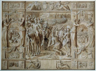 Milanos underkastelse Francois I:s trupper intog staden Milano efter seger i slaget vid Marignan 1515. Ritning i penna och tvätt av Antoine Caron (1521-1599) 1500-talets Paris, Louvren