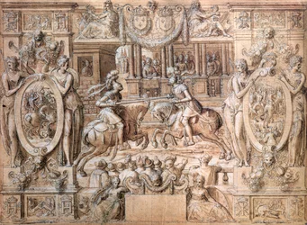 Turnering i samband med bröllopet mellan Catherine de Medici (1519-89) och Henri II (1519-59) 1533 (penna och på papper)