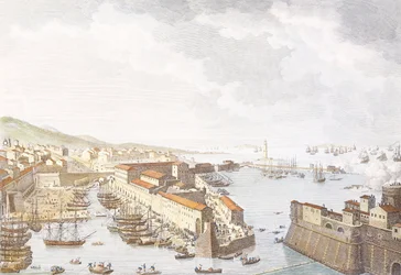 Franskans intåg i Livorno, juni 1796, gravyr av Jean Duplessis-Bertaux (1750-1818), teckning av Carle Vernet (1758-1836), franska revolutionskrigen, Italien