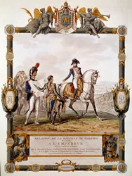 Frontispice av förhållandet till slaget vid Marengo den 14 juni 1800: Marechal Berthier visar stridsstrategin vid Napoleon I. Illustration av Antoine Dit Carle Vernet (1758-1836)